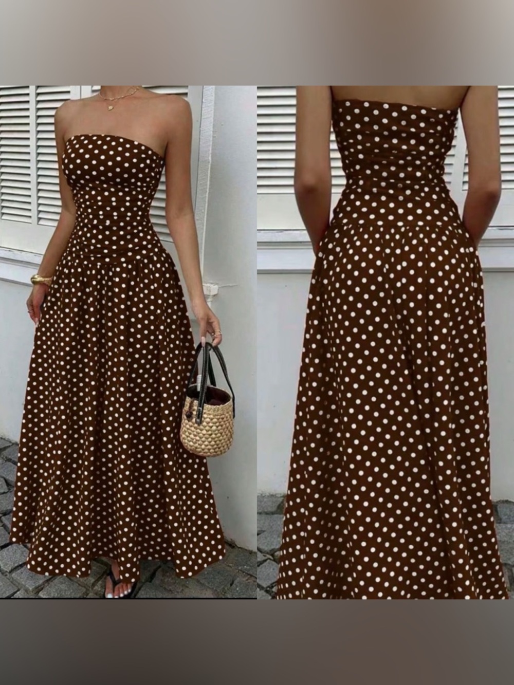 Strapless Brown Polka Dot Maxi Dress